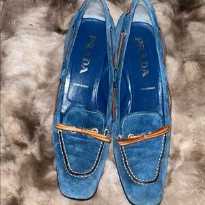 Prada Azure Suede Moccasins with Tan Detail